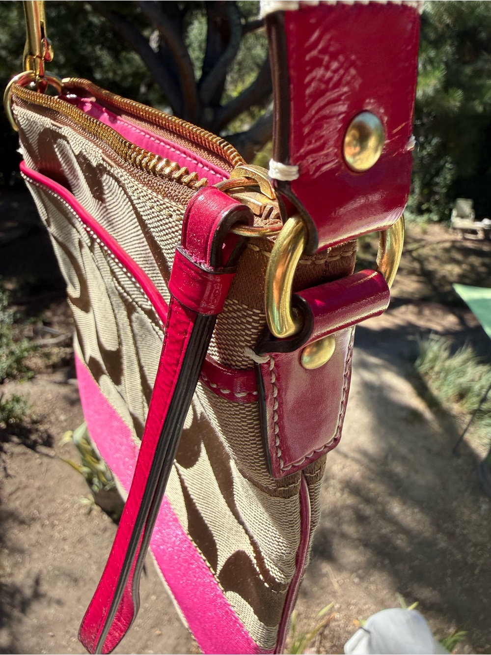 Coach Crossbody Bag #10129 khaki Tan bright Pink - Signature - Stripe Swingpack - Picture 6 of 16